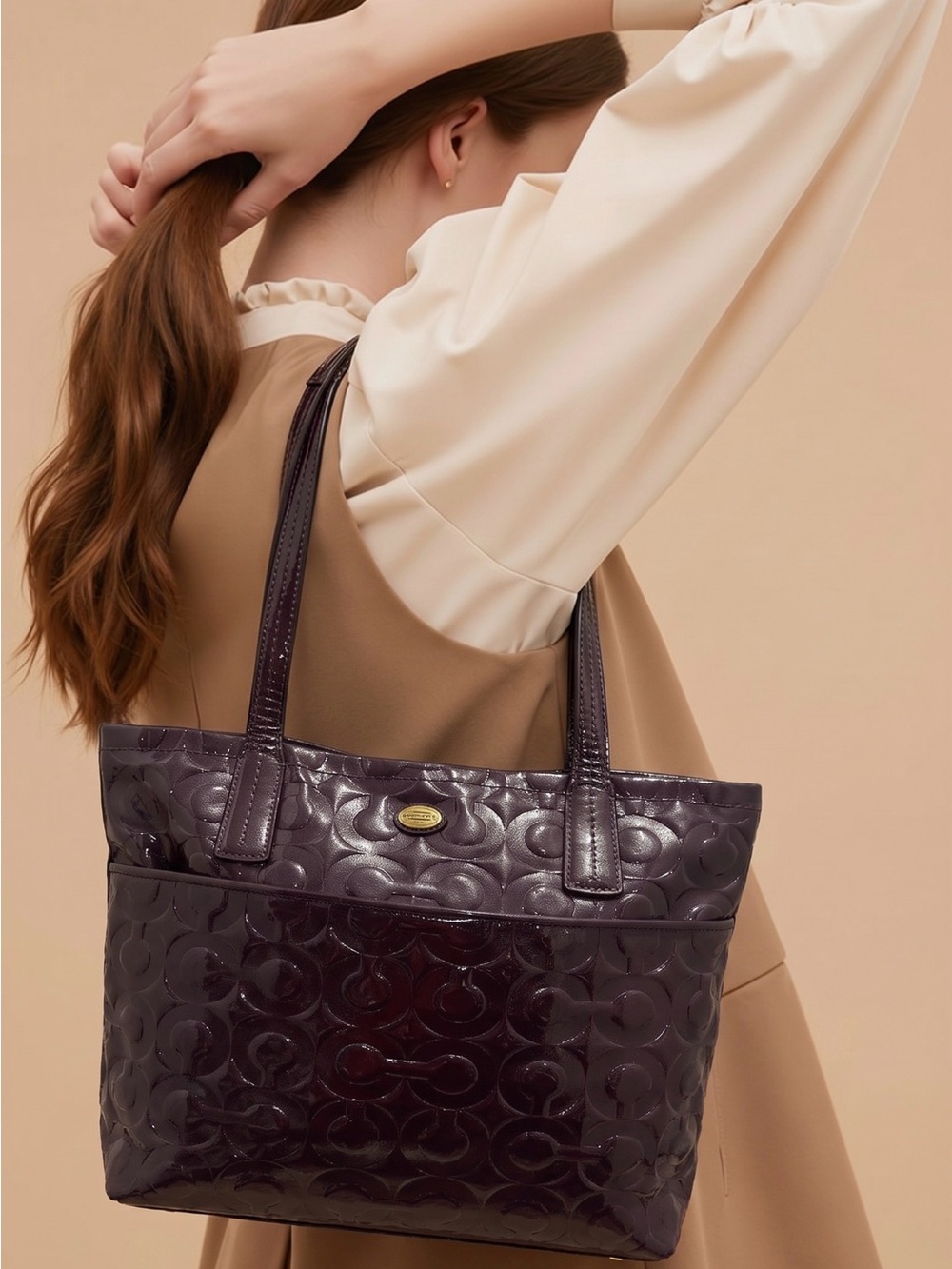 Coach Glossy Embossed Tote in Deep Plum